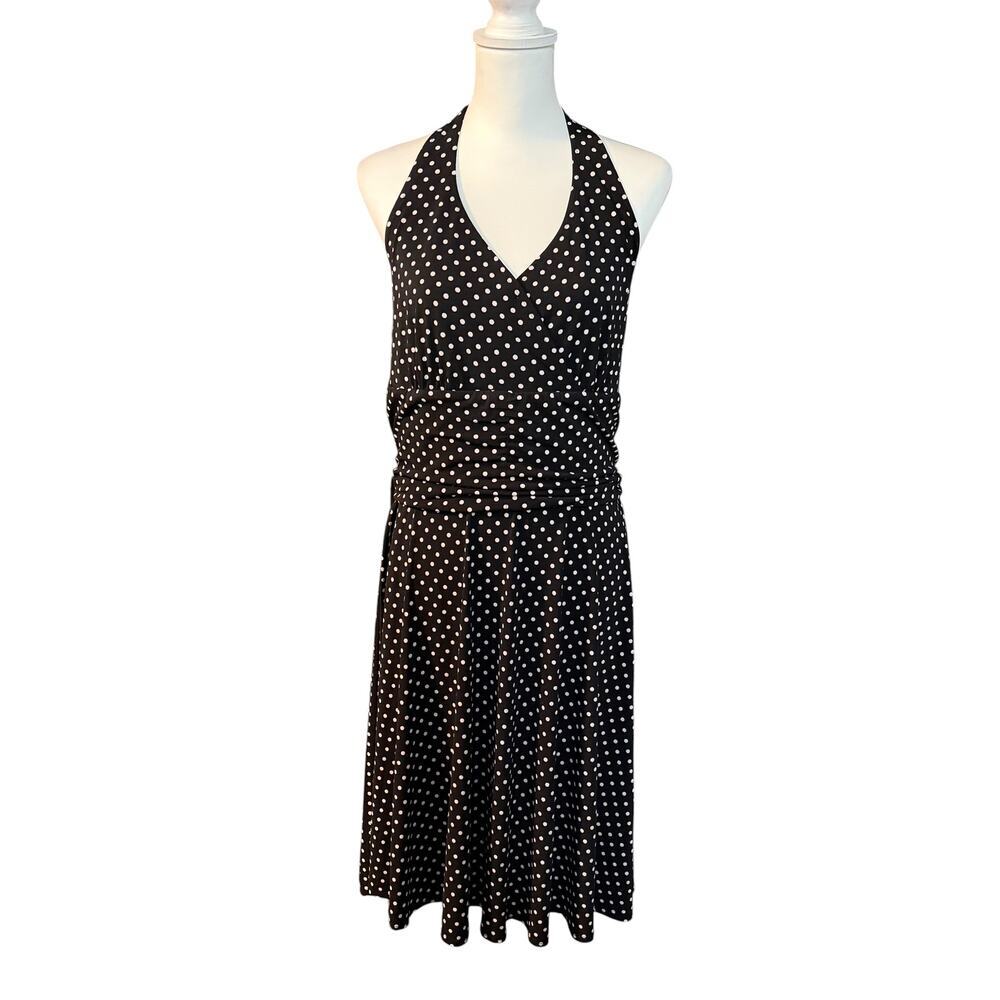 Vintage Y2K Dressbarn Black White Polka Dot Retro 50s Halter Dress Size 14